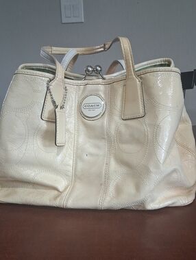 COACH Cream Patent-Leather Signature Tote